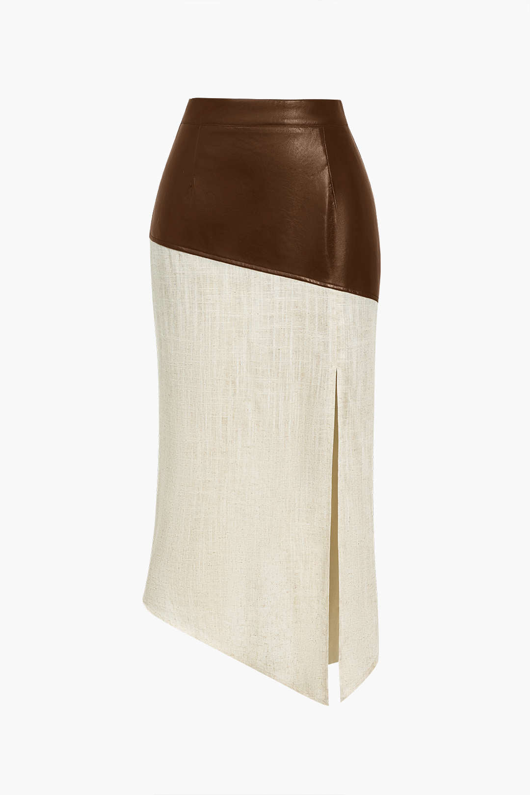 Contrast Faux Leather And Linen Asymmetrical Skirt