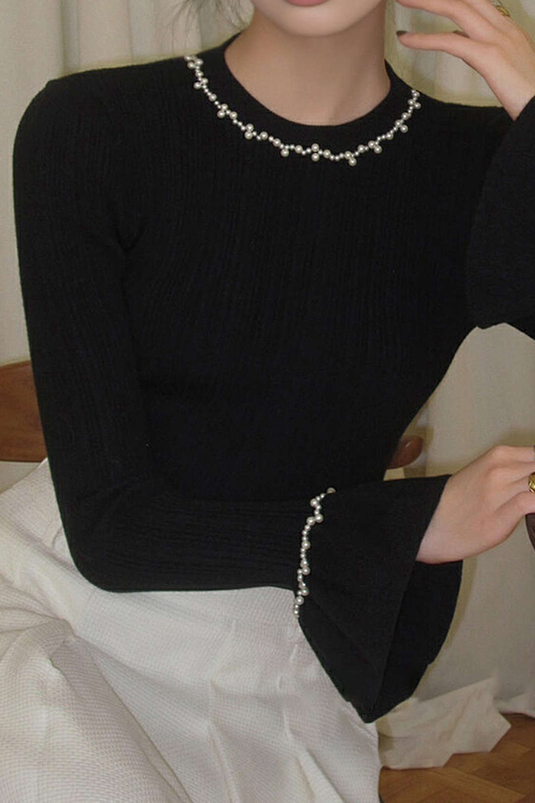 Beaded Round Neck Fitted Long-Sleeve Top