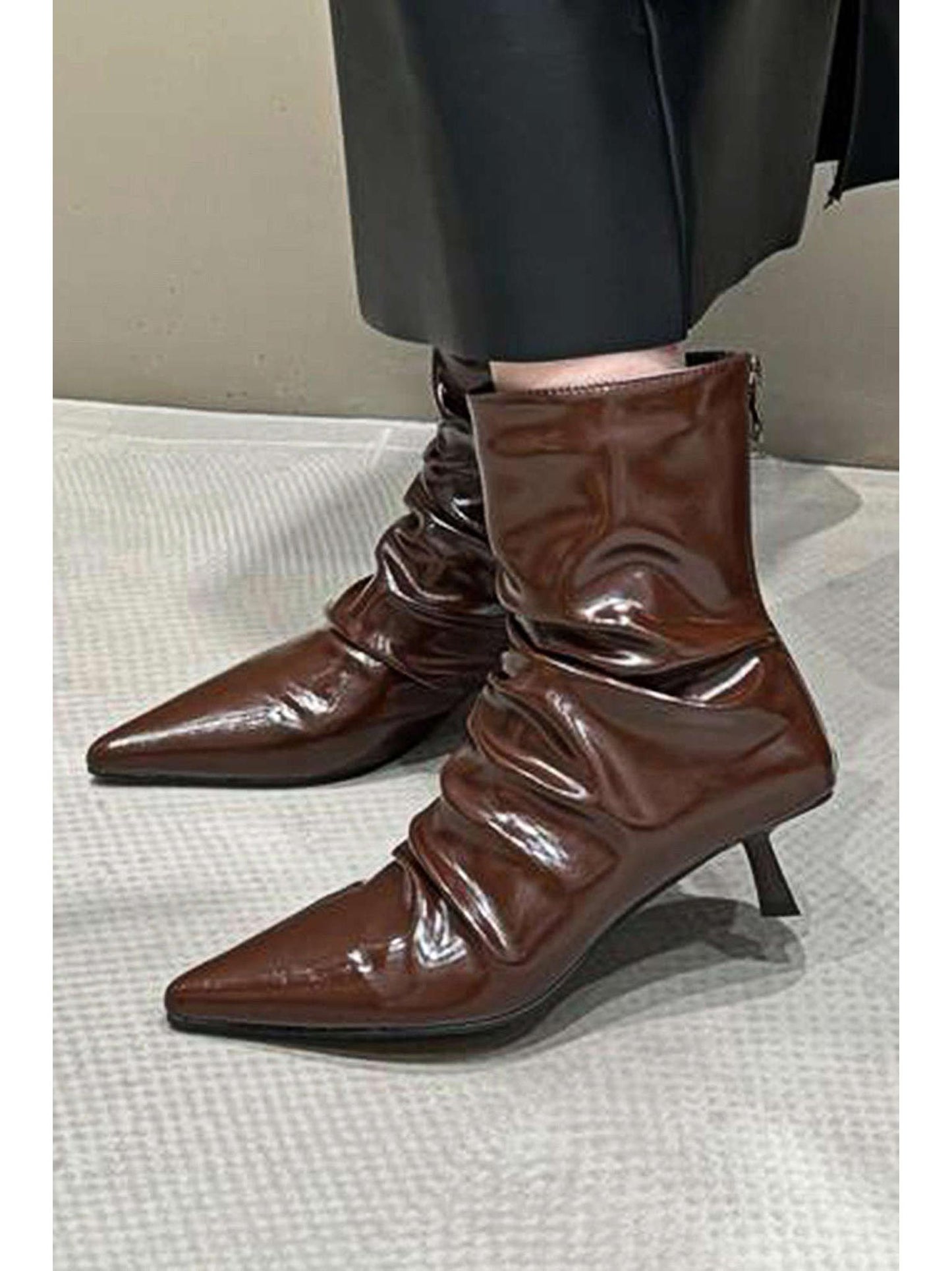 Wrinkled Faux Leather Pointed Ankle Boots for Chic Style