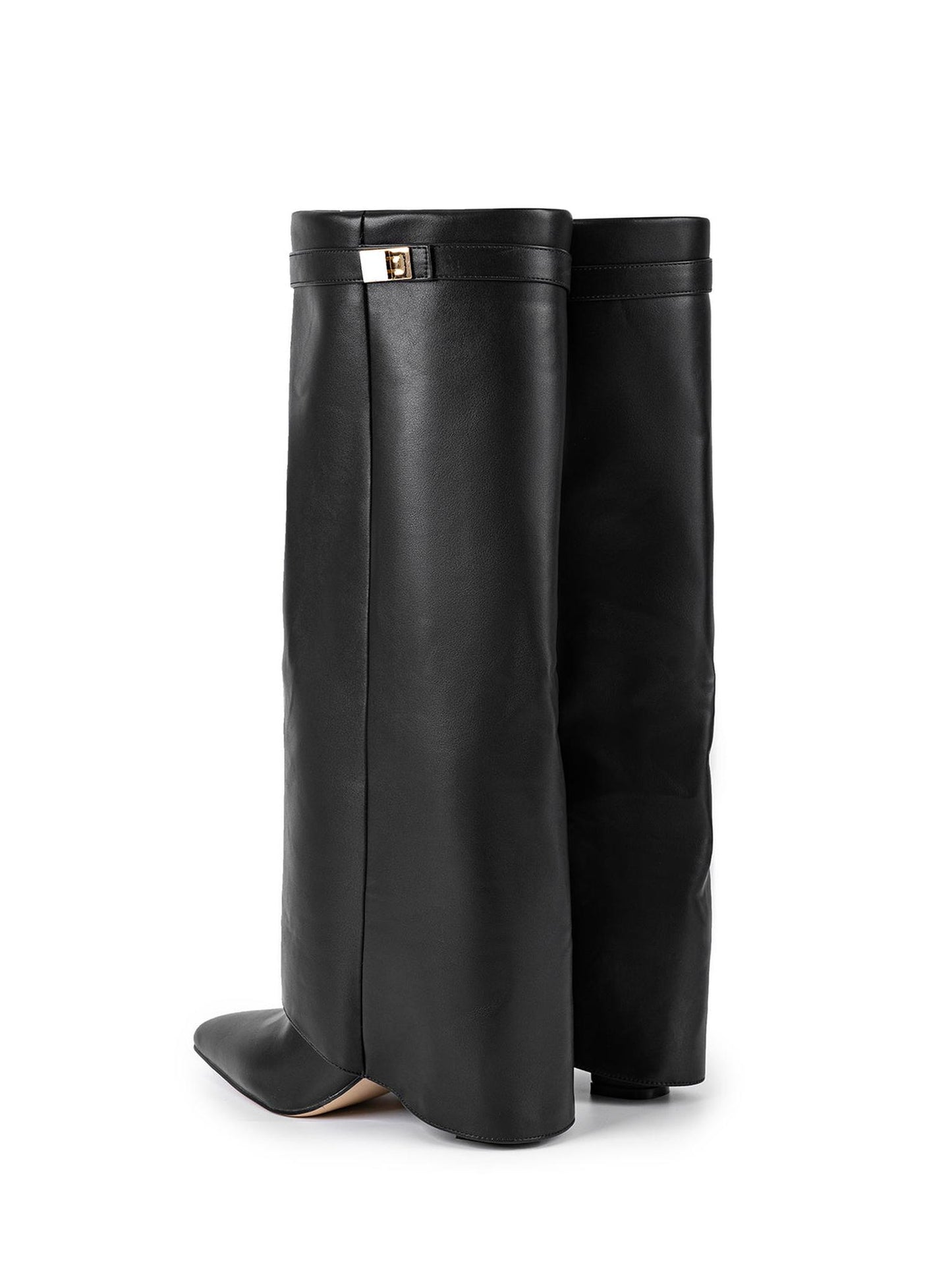 Metal Buckle Pointed Knee High Boots in Suedette