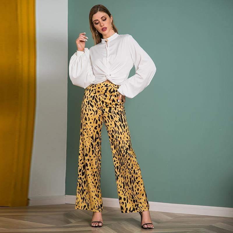 Casual Long Wide Leg Leopard Print Pants