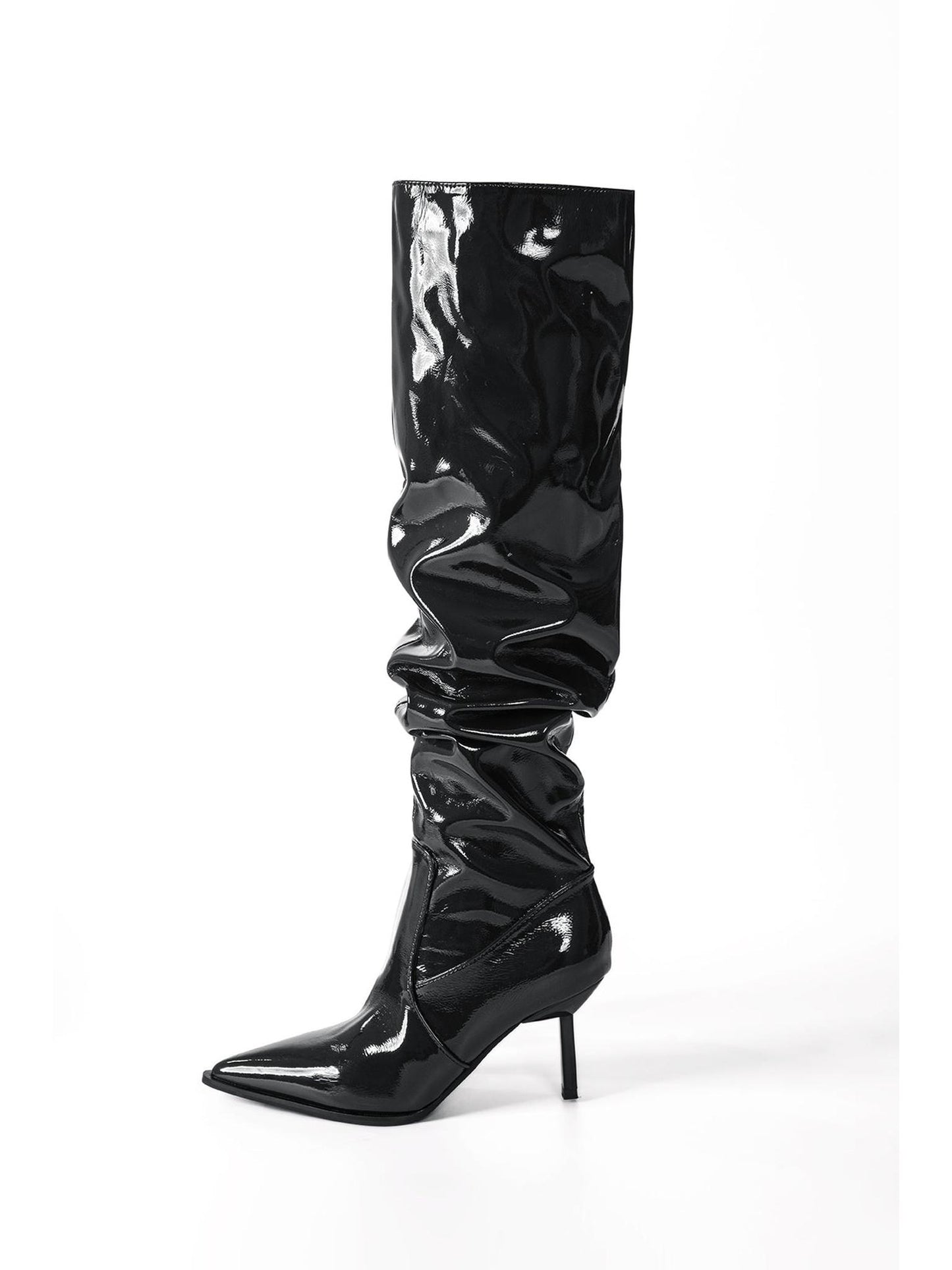 Faux Leather Ruched Pointed Toe Knee High Boots