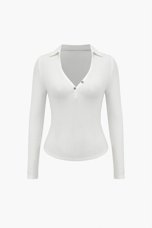 Solid Button V-Neck Long-Sleeve Top in Jersey Fabric