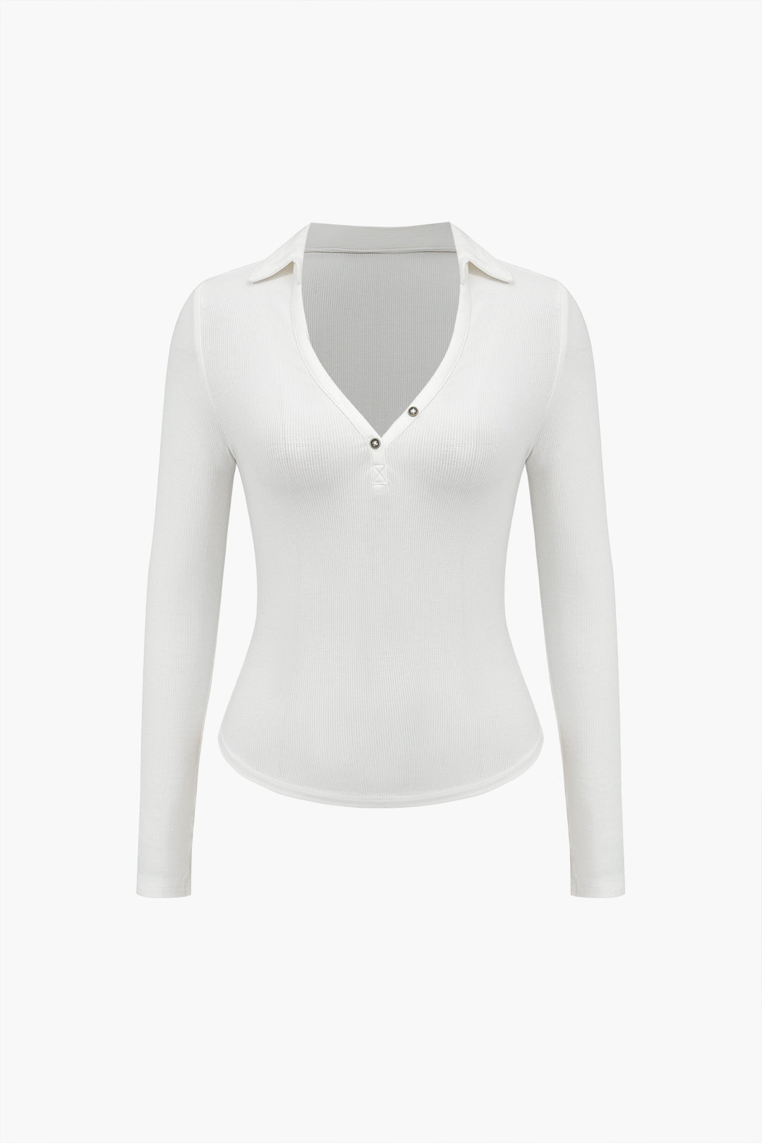 Solid Button V-Neck Long-Sleeve Top in Jersey Fabric