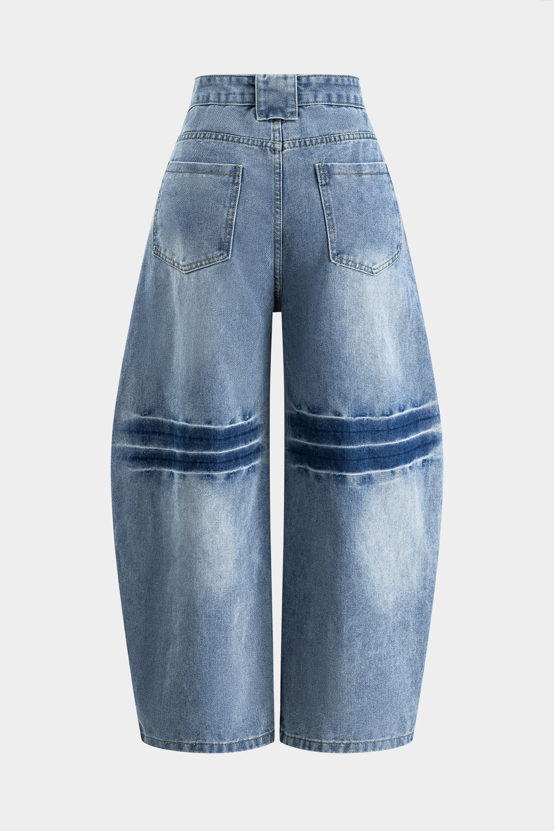 Denim Button Pocket Curve-Leg Wide Leg Jeans