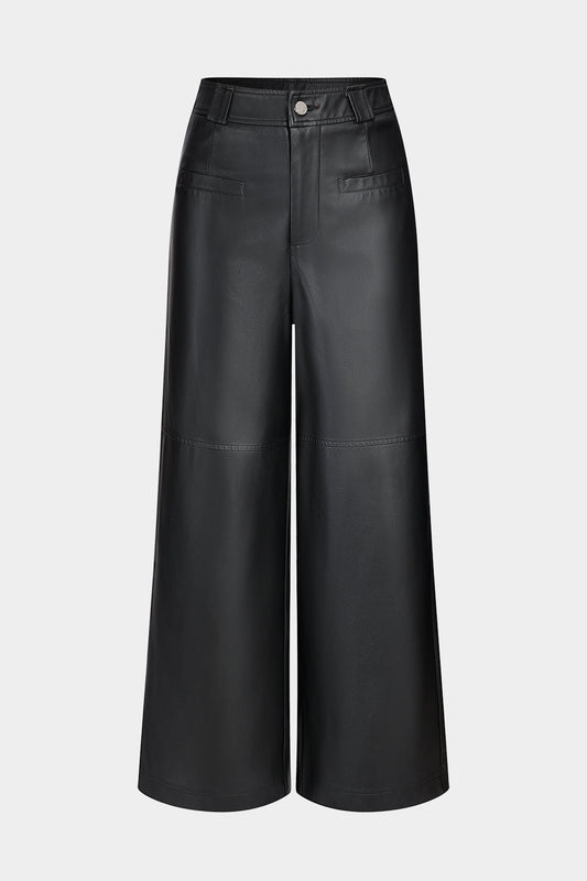 Faux Leather Wide Leg Trousers with Button Pockets