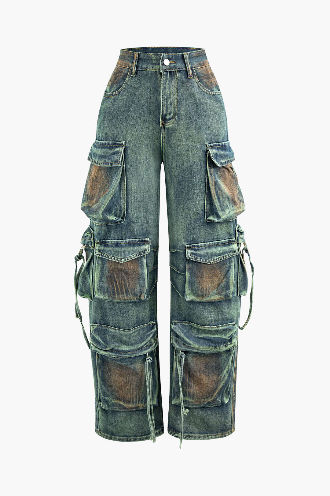 Stained Multi Pocket Straight Leg Cargo Jeans