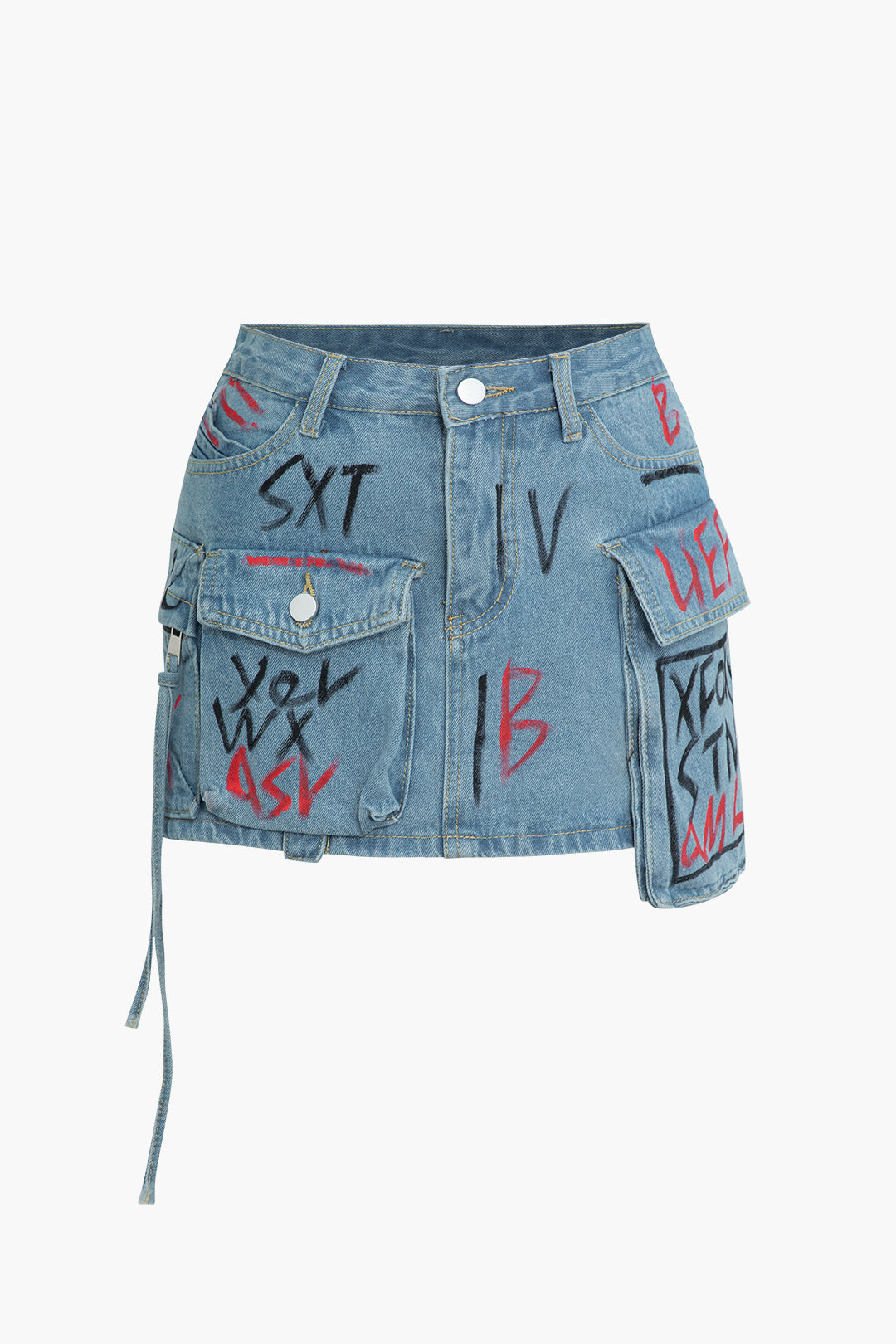 Graffiti Flap Pocket Denim Mini Skirt