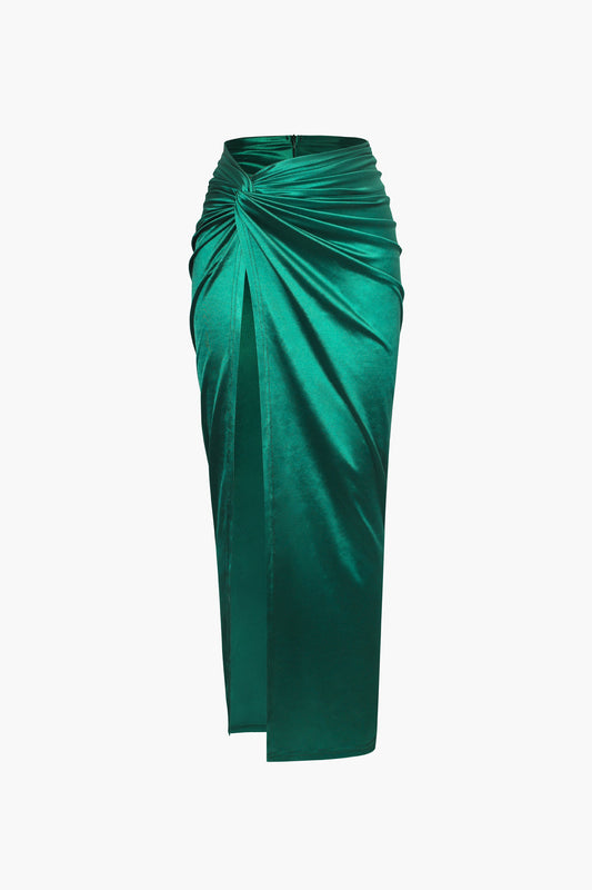 Twist Detail High Slit Satin Midi Skirt