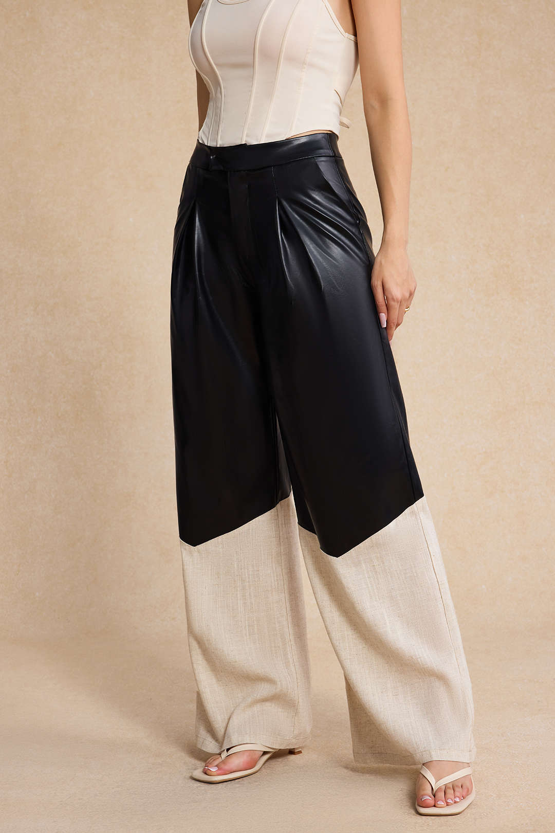 Faux Leather Linen High Waist Trousers