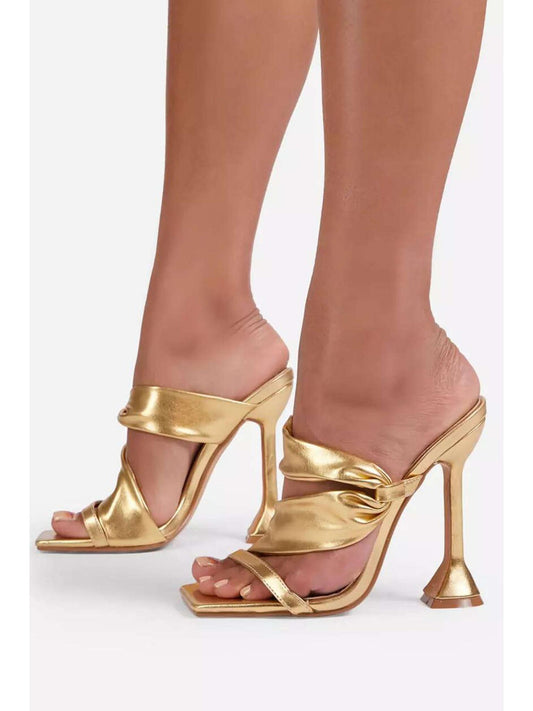 Metallic Ruched Square-Toe High Heels Sandals