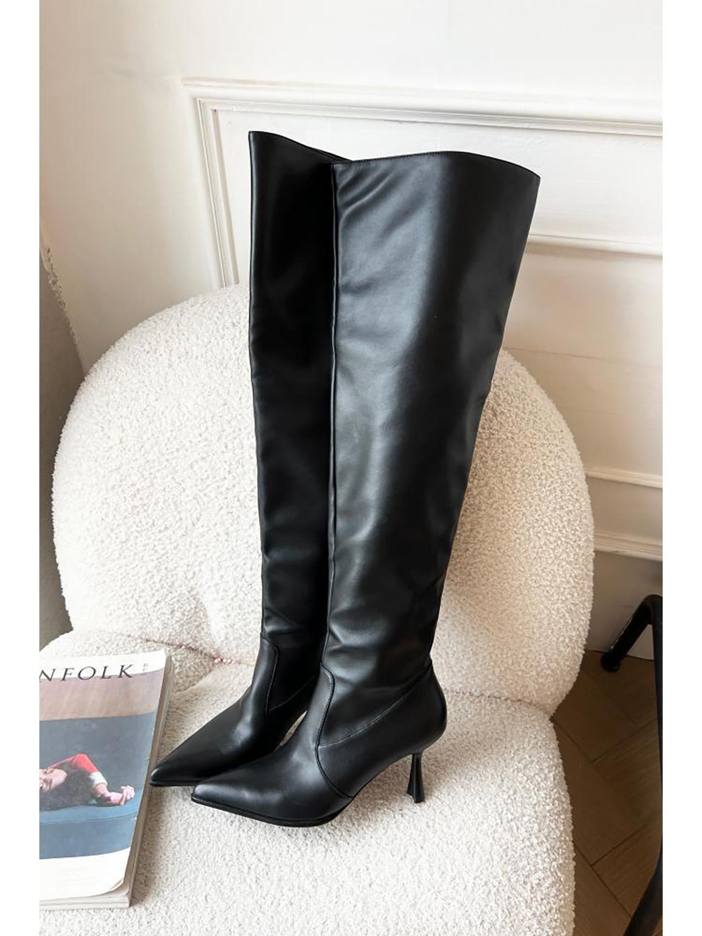 Pointed Toe Stiletto Knee High Boots in PU Leather