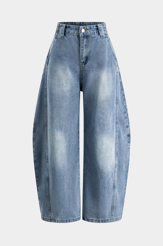 Denim Button Pocket Curve-Leg Wide Leg Jeans