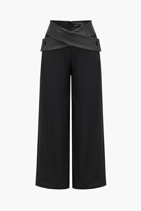 Solid Faux Leather High Waist Pocket Trousers