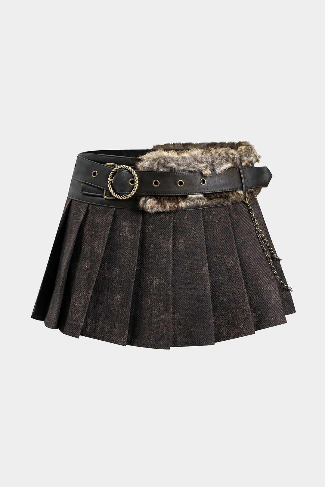 Faux Leather Fur Patchwork Pleated Skirt