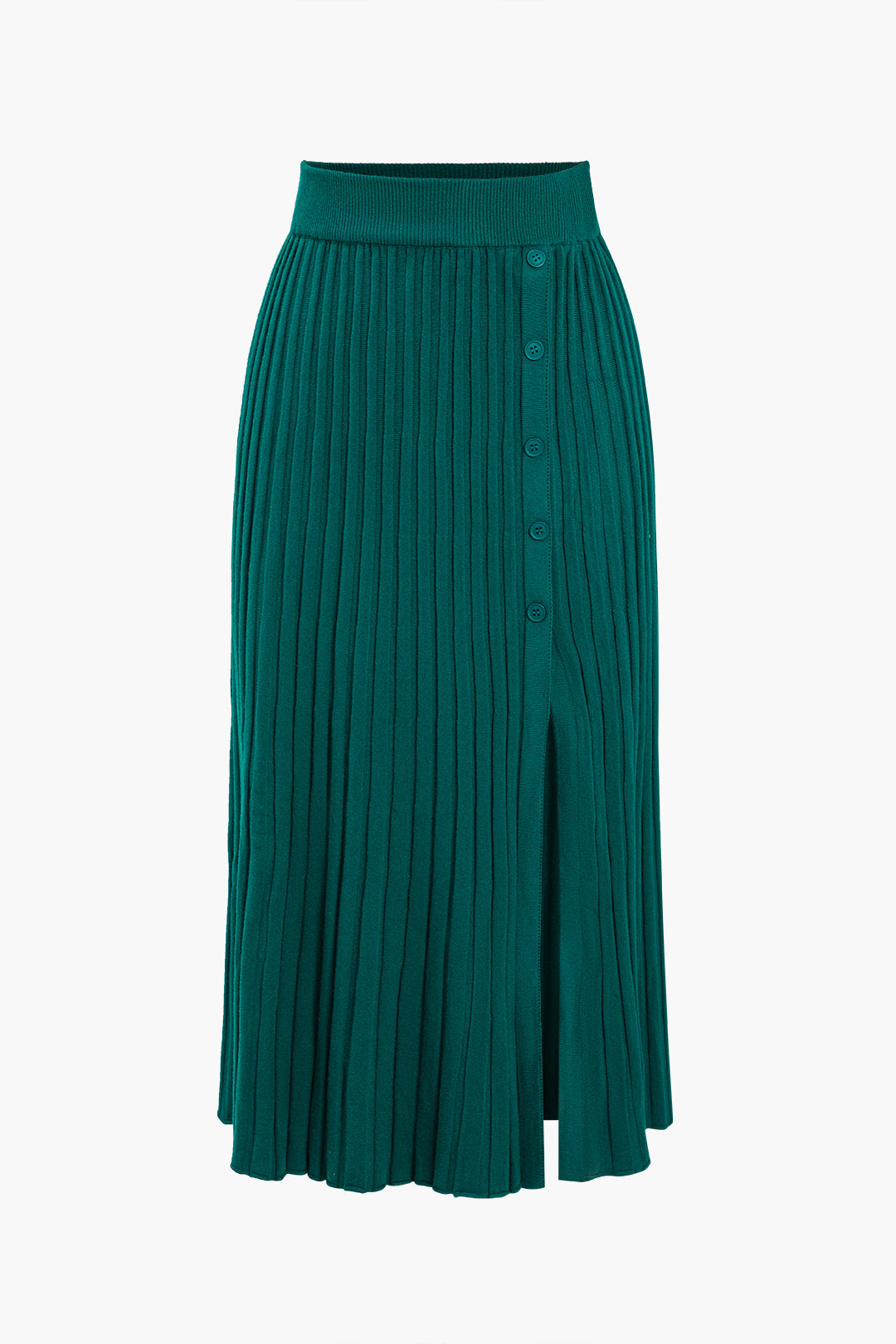 Knit Button Pleated Slit Skirt in Fitted Style