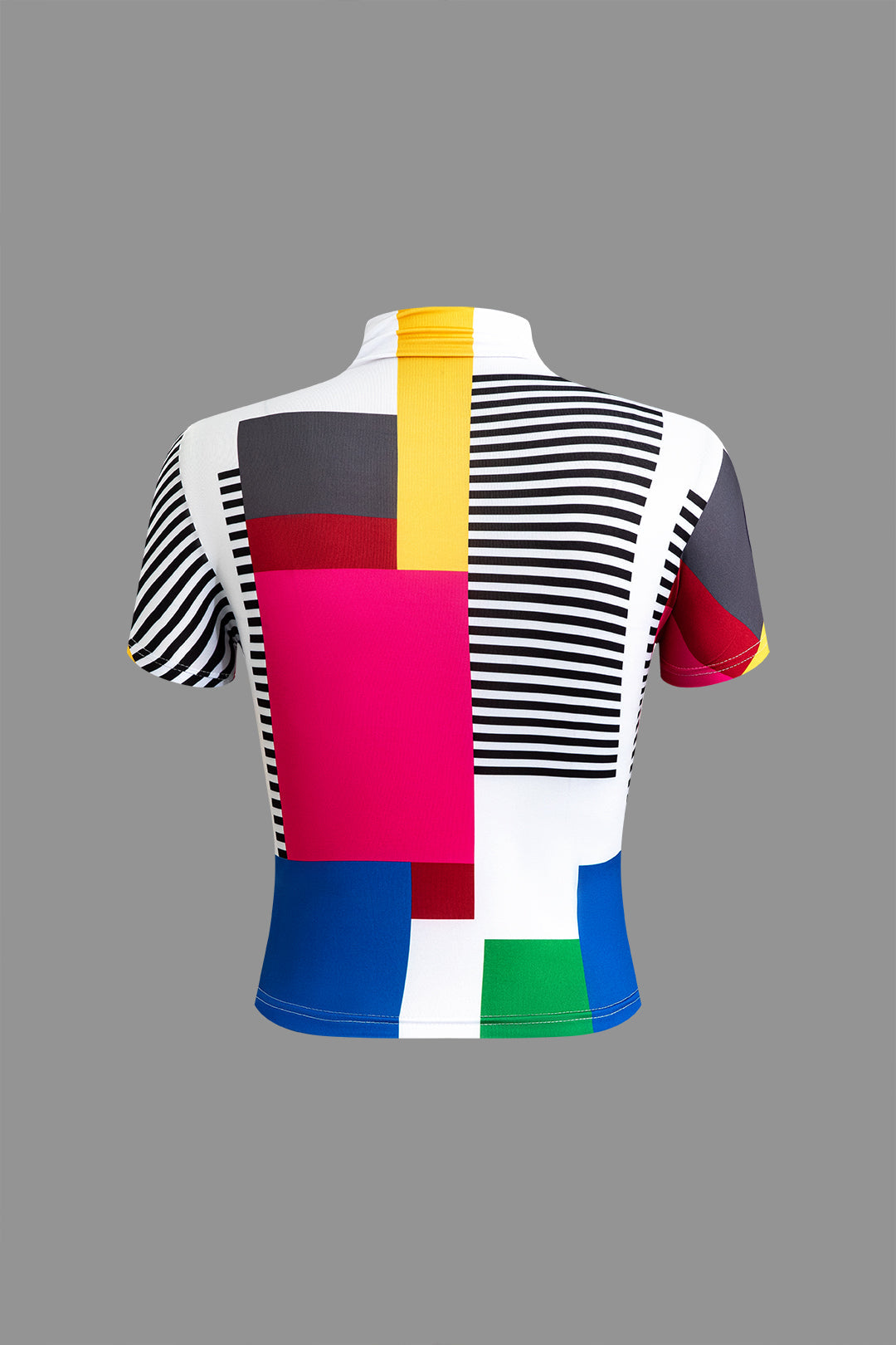 Color Block Patchwork Mock Neck T-shirt for Casual Style