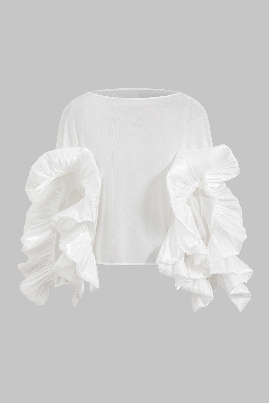 Satin Mesh Ruffle Long-Sleeve Top in Sheer Fabric