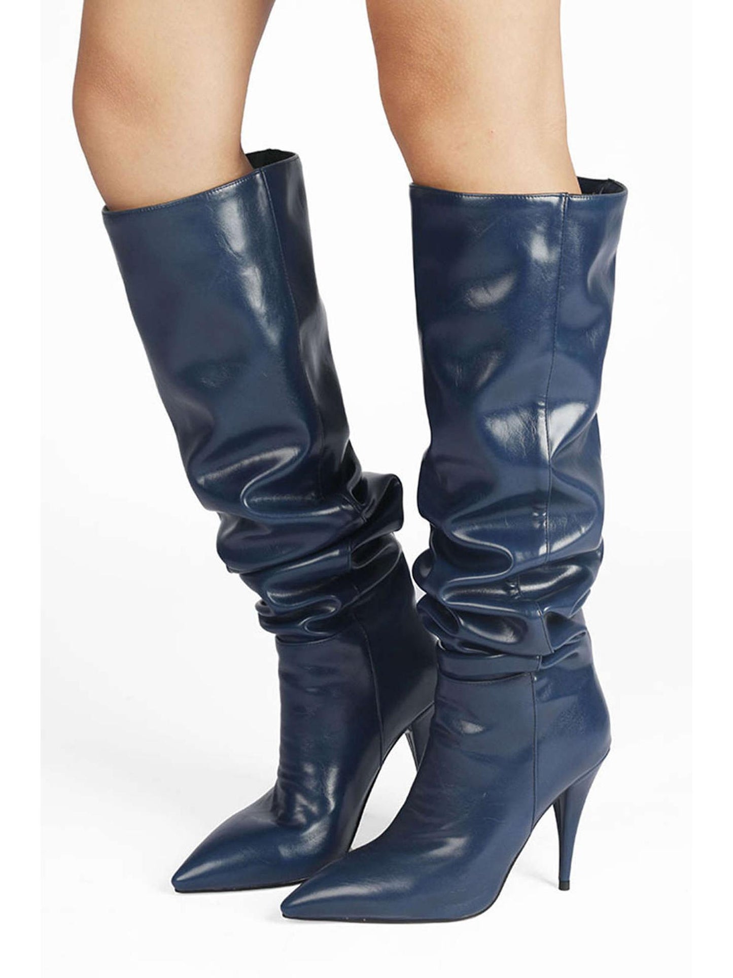 Ruched Faux Leather Pointed Toe Knee High Boots