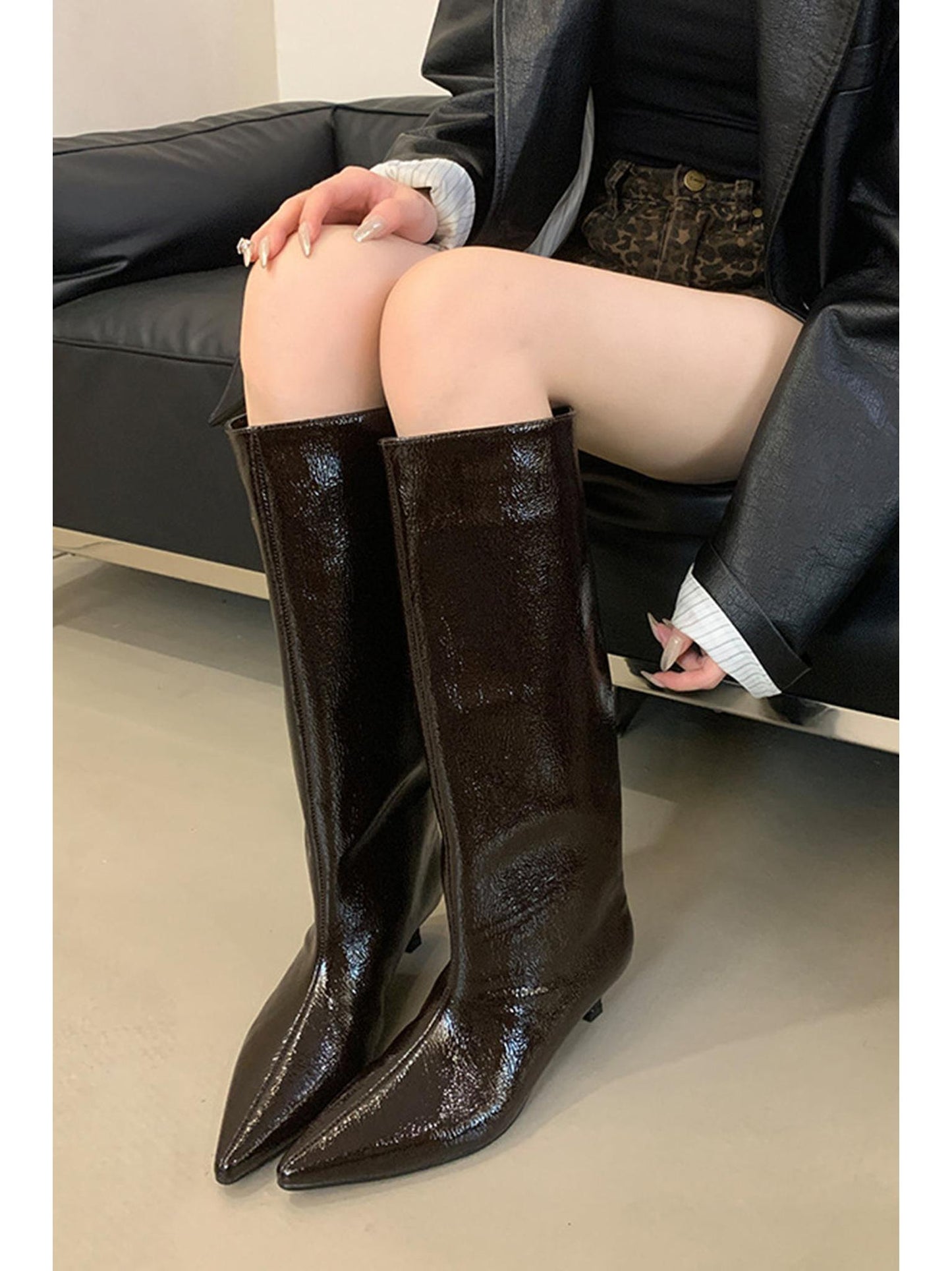 Faux Leather Textured Pointed Toe Knee High Boots