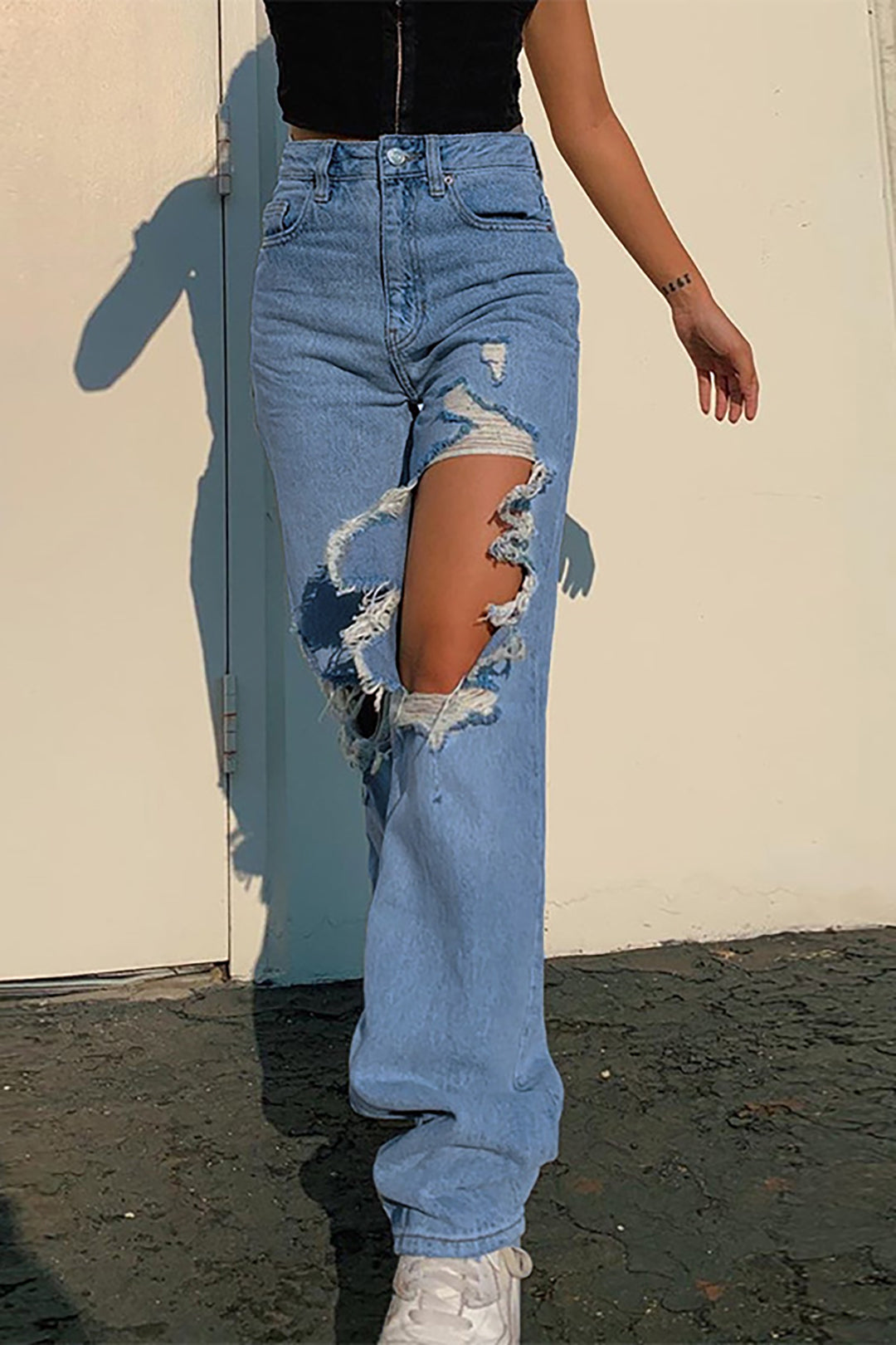 Denim Cut Out Washed Ripped Button Pocket Jeans