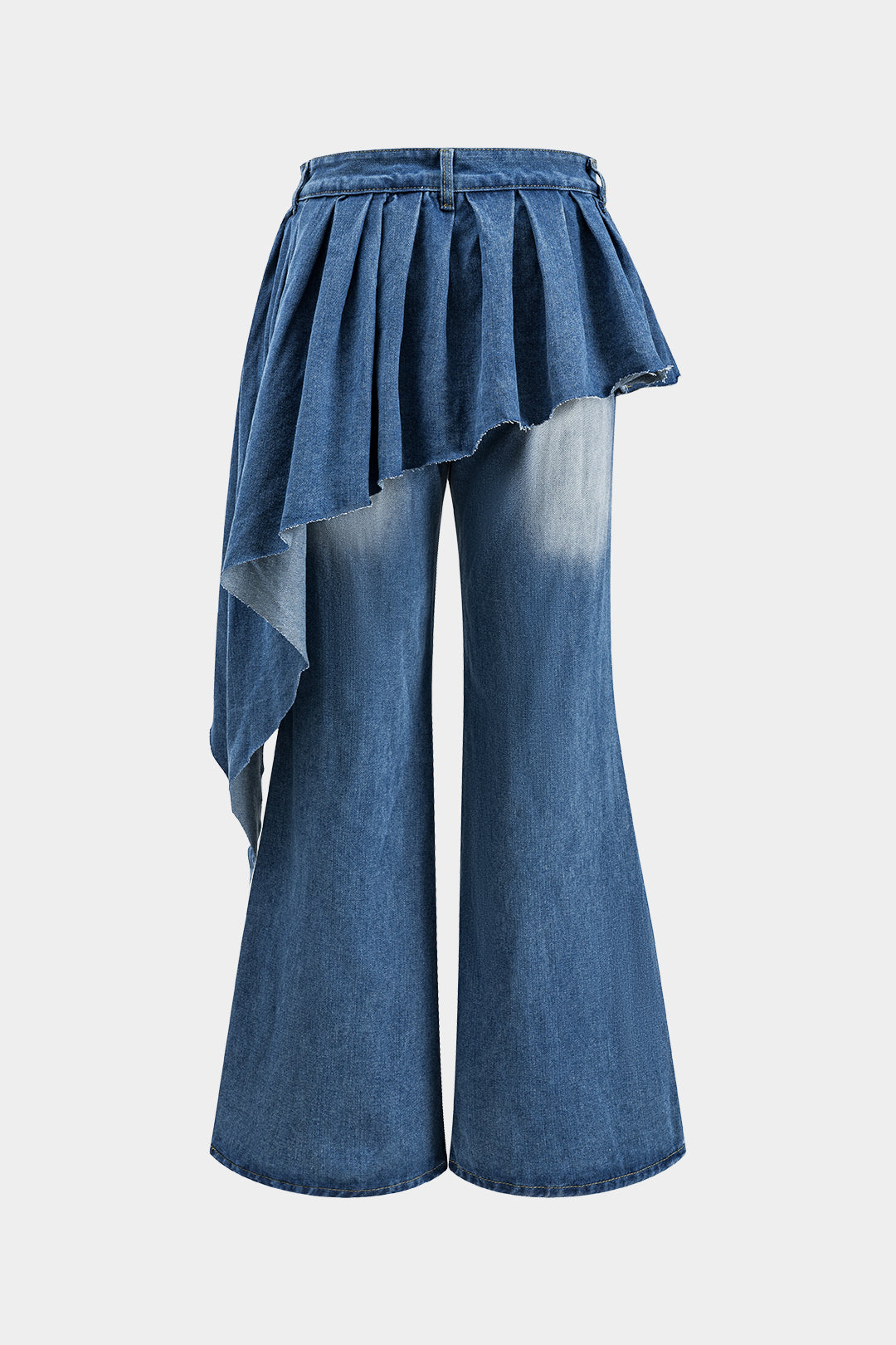 Denim Pleated Button Patchwork Flared Leg Jeans