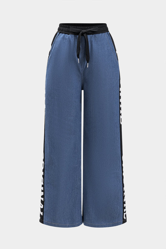 Letter Print Denim Wide Leg Trousers