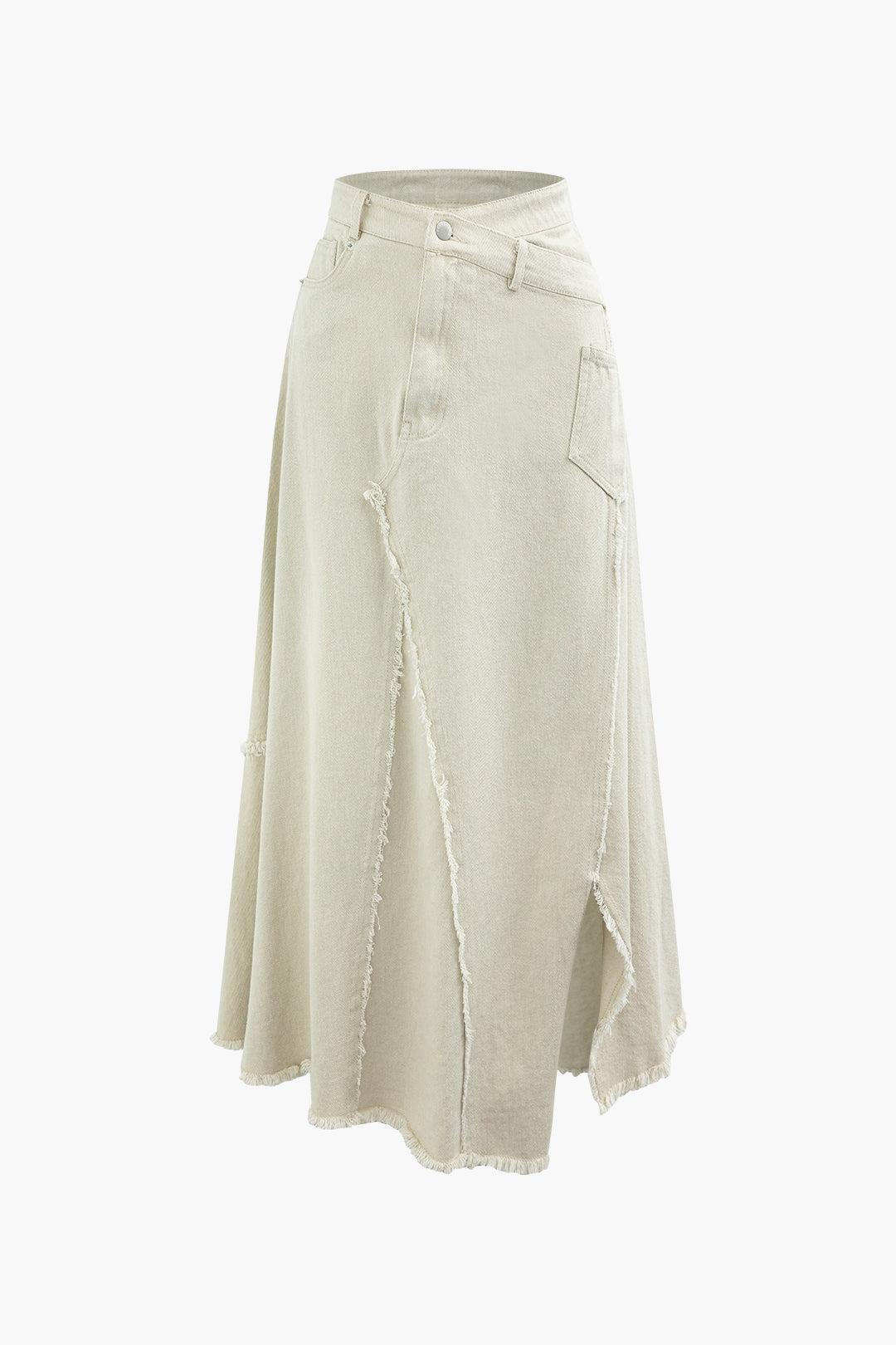 Asymmetric Wrap Frayed Maxi Skirt in Denim