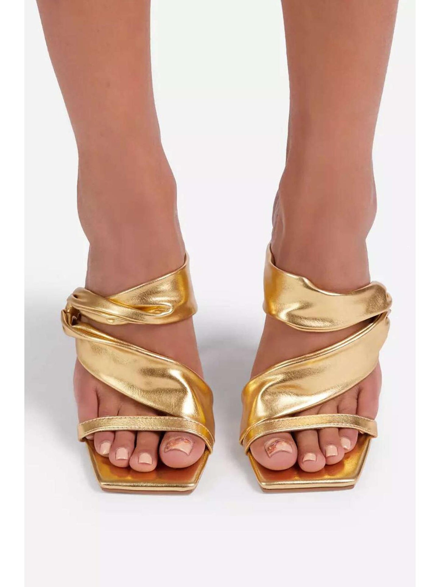 Metallic Ruched Square-Toe High Heels Sandals