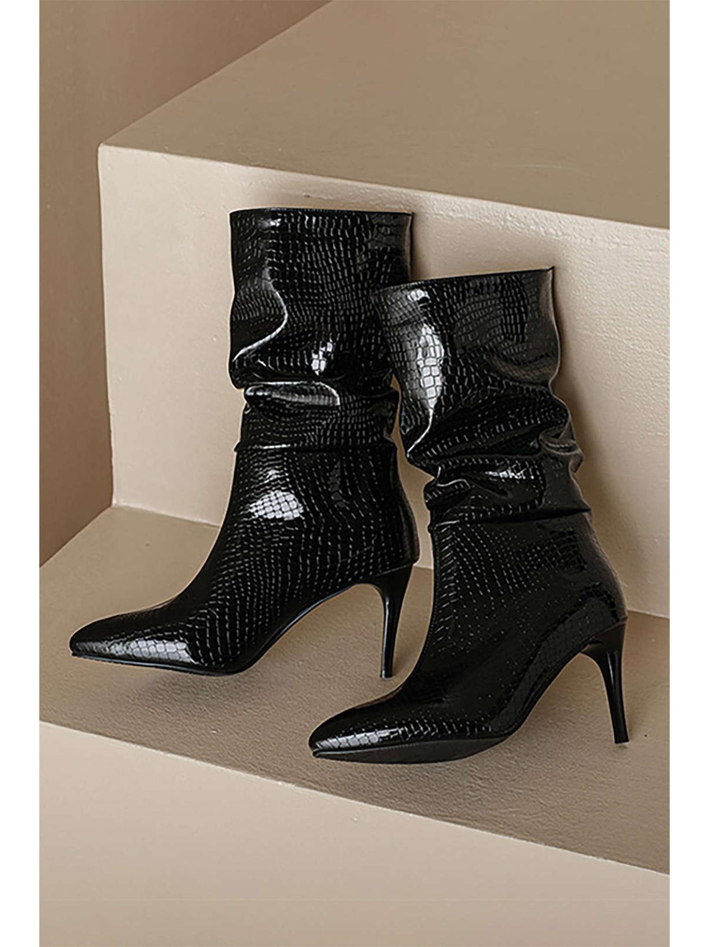 Faux Leather High Heel Pointed Ankle Boots