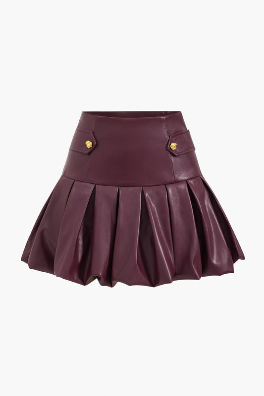 Faux Leather Ruched Zipper High Waist Skirt