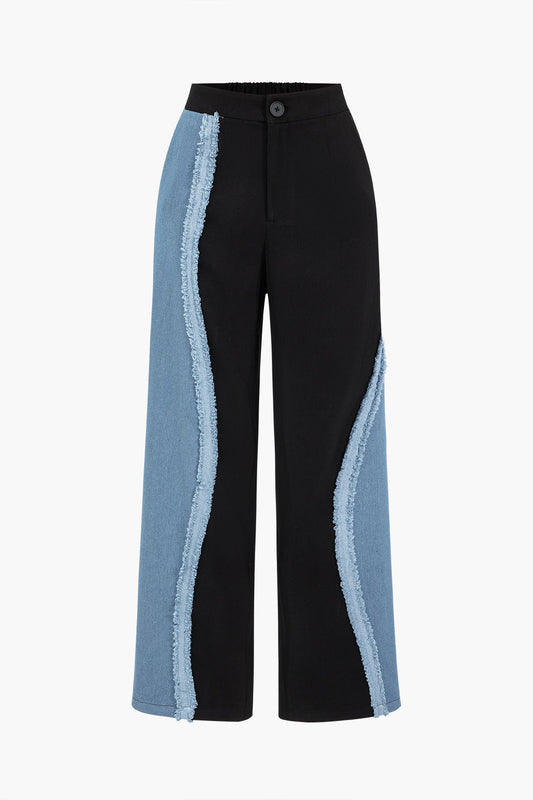 Patchwork Detail Wide Leg Trousers in Denim Fabric