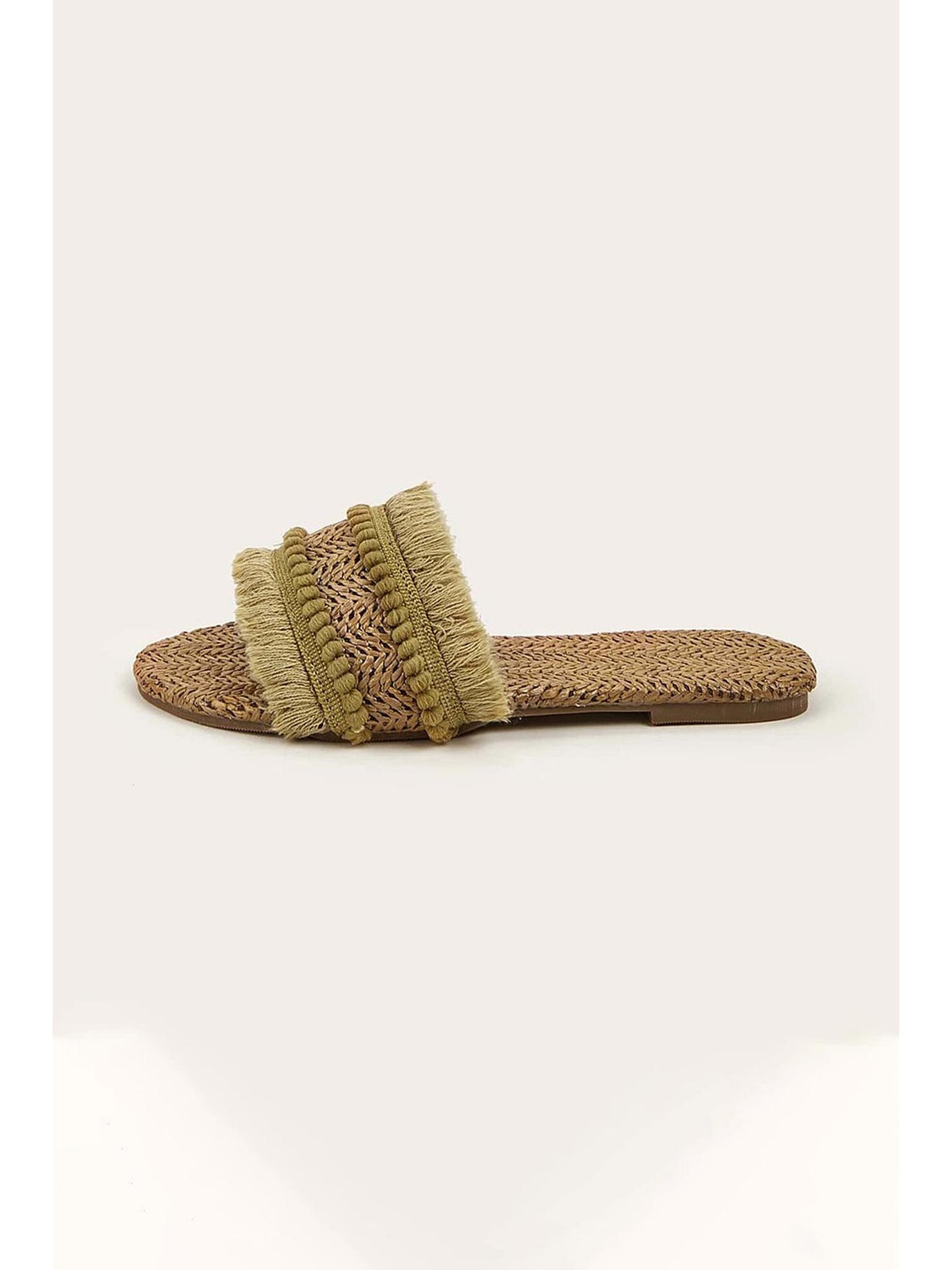 Fringe Slippers with Straw Upper and Rubber Sole