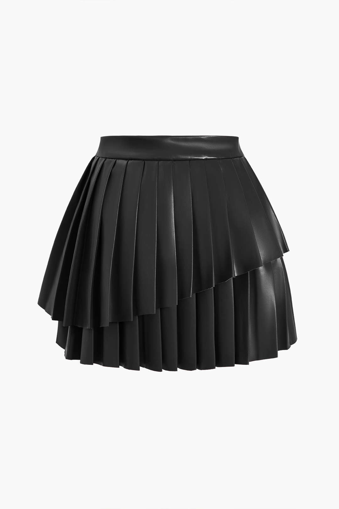 Solid Faux Leather Pleated Asymmetrical Skirt