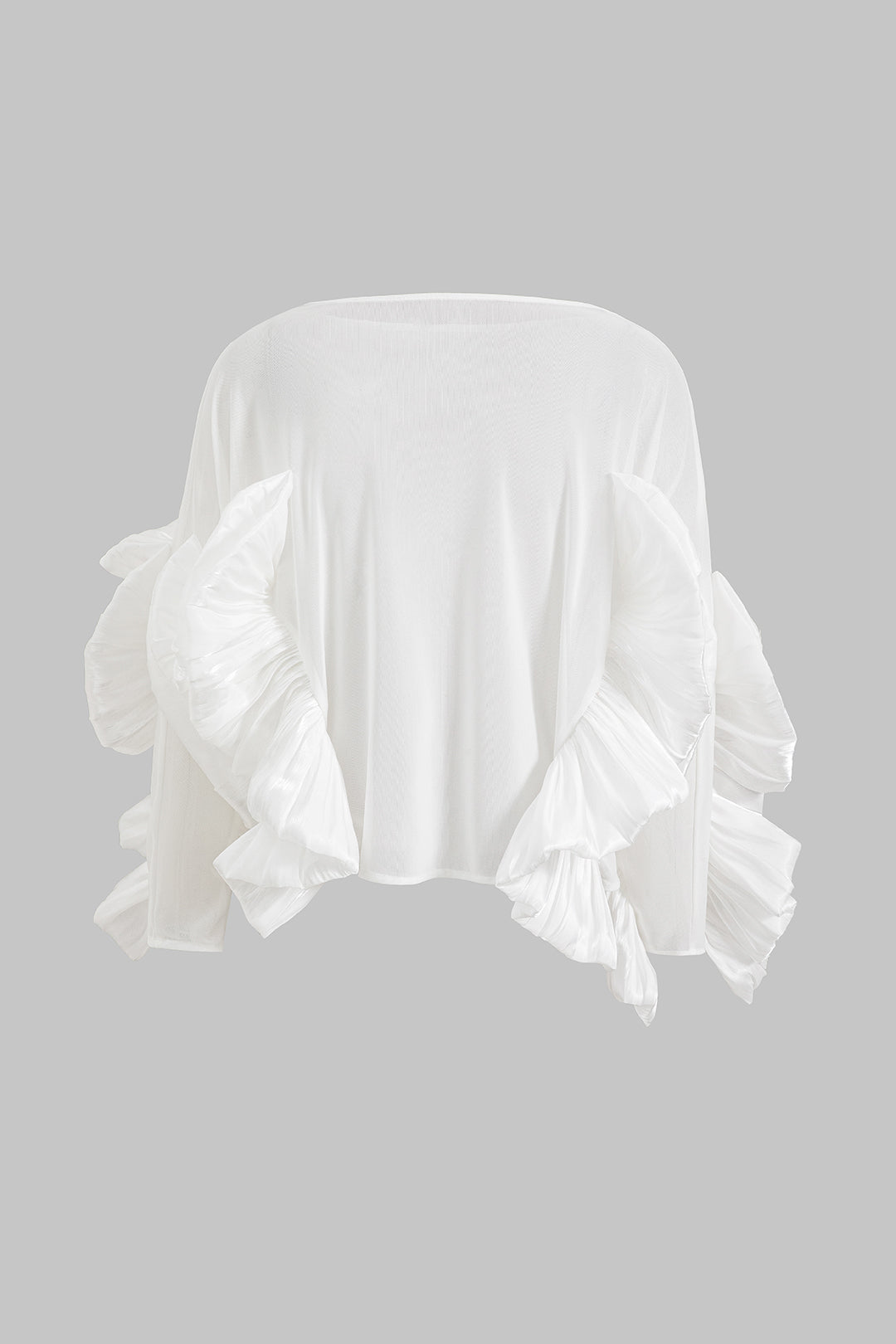 Satin Mesh Ruffle Long-Sleeve Top in Sheer Fabric