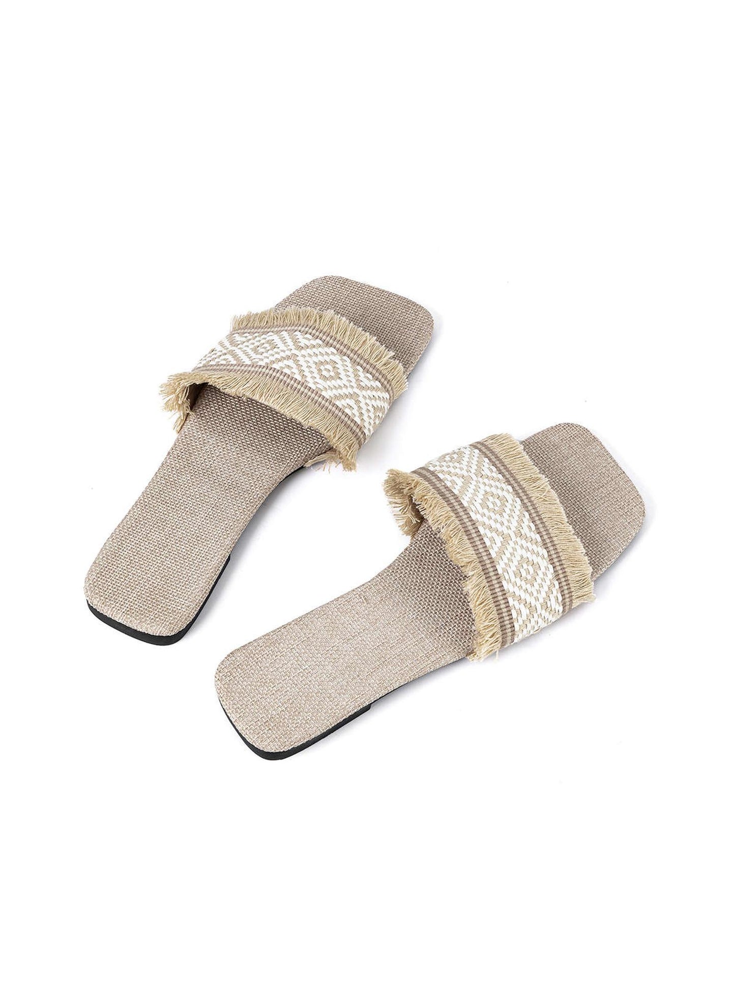 Fringed Weave Beach Slides in Linen Fabric