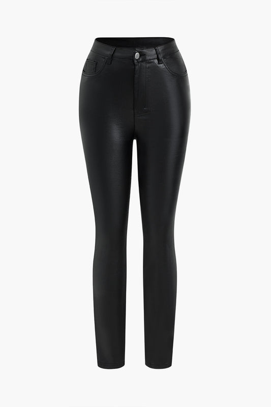 Fitted Basic Faux Leather Trousers