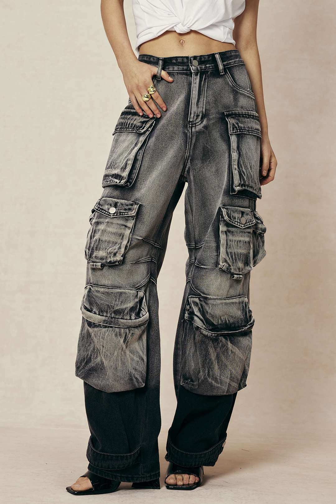 Ombre Multi Pocket Wide Leg Cargo Jeans