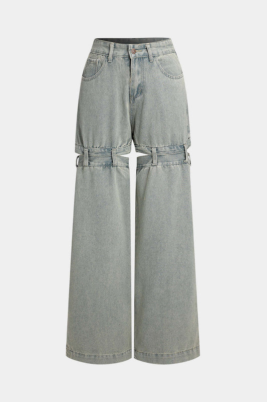 Denim Cut Out Wide Leg Jeans with Button Pockets