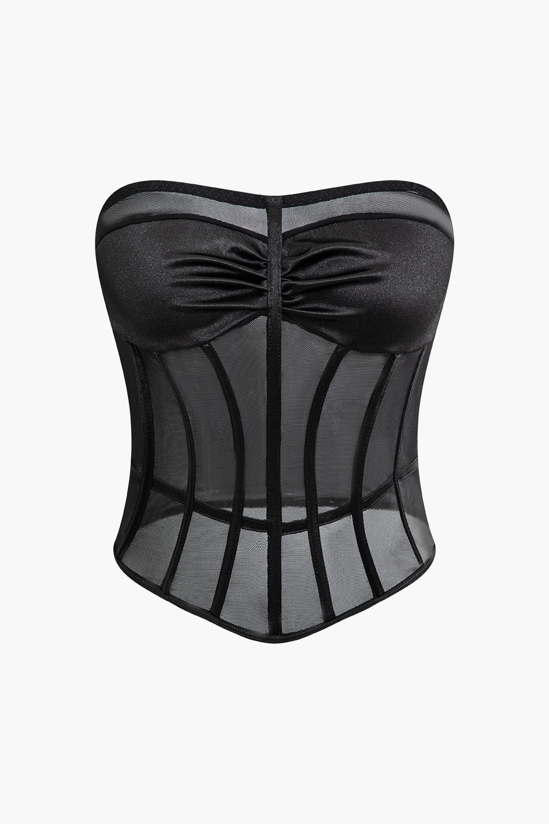 Mesh Satin Ruched Sheer Backless Corset Tube Top