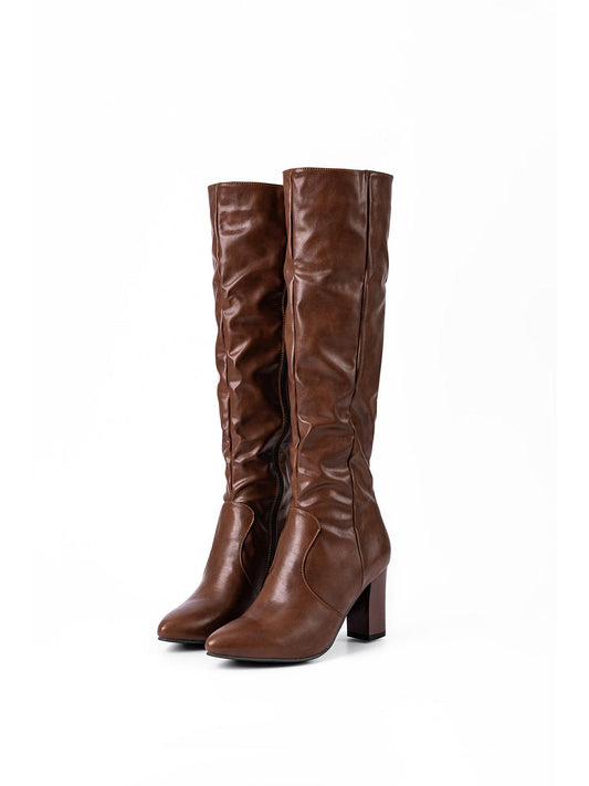 Faux Leather Side Zipper Pointed Knee High Boots