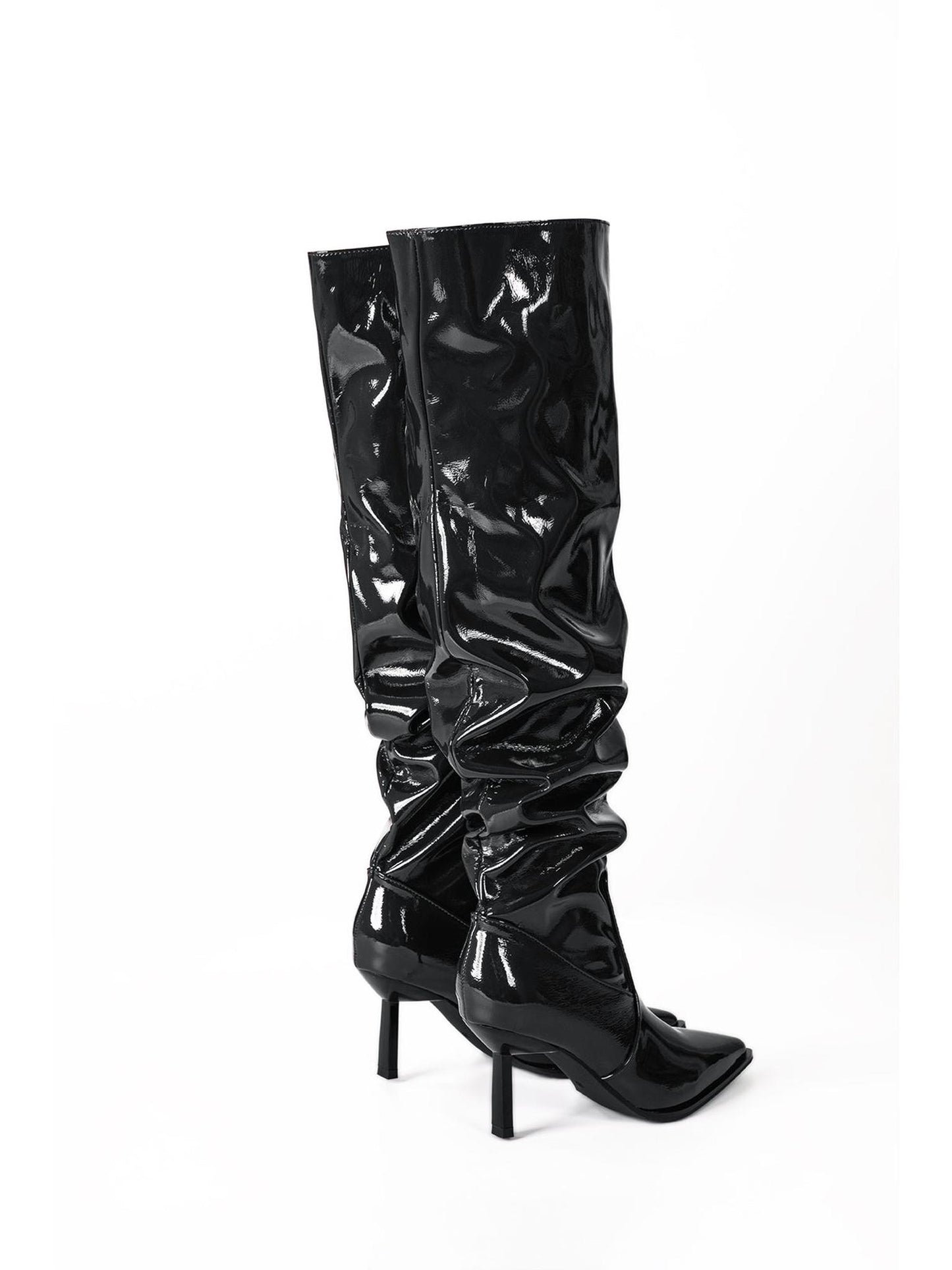 Faux Leather Ruched Pointed Toe Knee High Boots