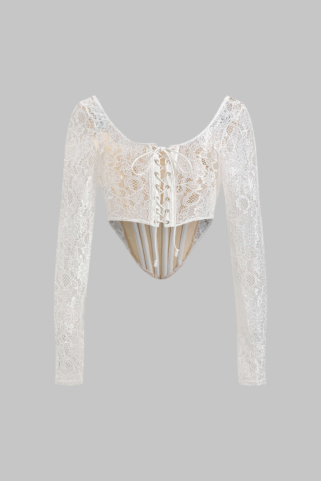 Lace Tie Back Sheer Corset Long-Sleeve Top