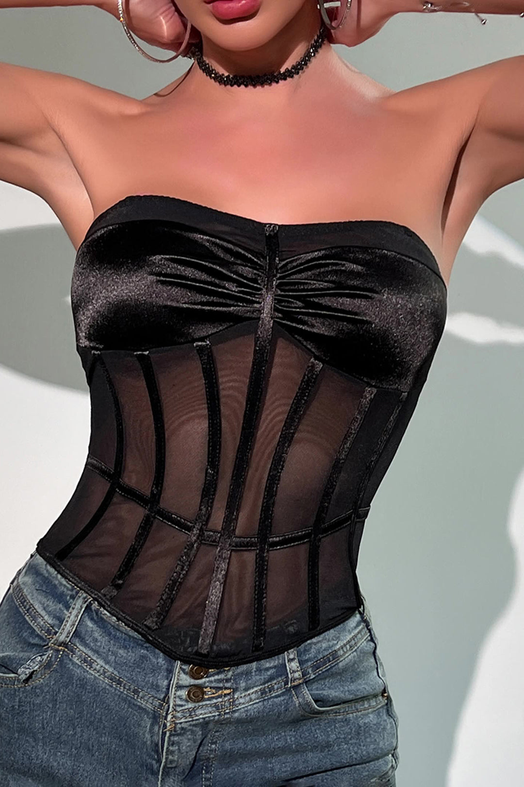 Mesh Satin Ruched Sheer Backless Corset Tube Top