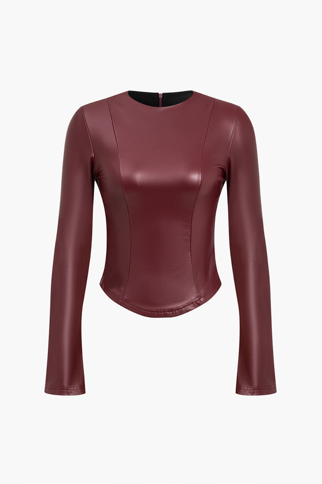 Solid Faux Leather Zipper Detail Long-Sleeve Top