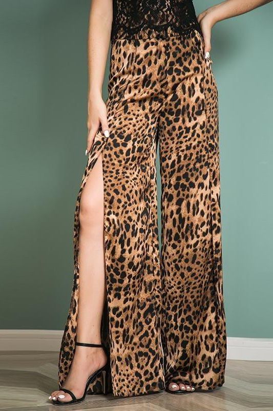 Long Wide Leg Leopard Split Pants