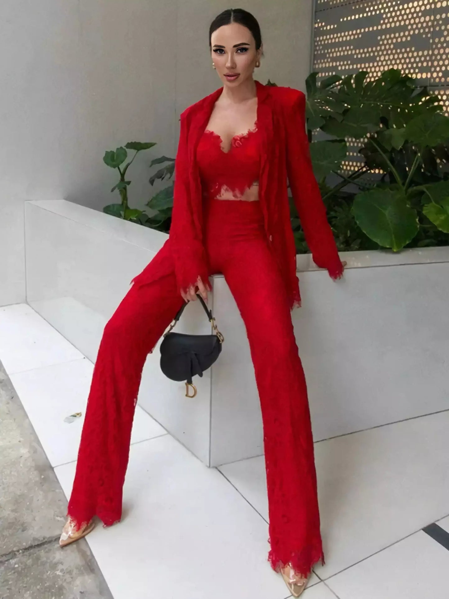 Red Lace Three Piece Suit Set