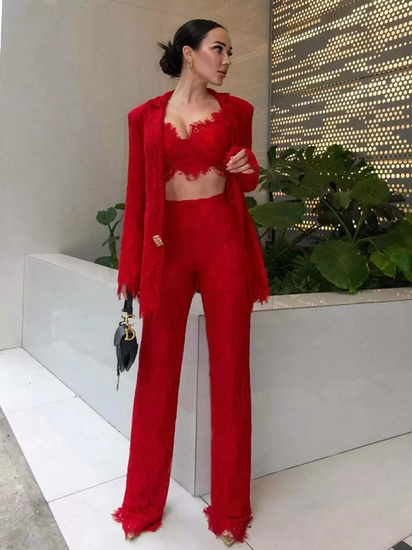 Red Lace Three Piece Suit Set