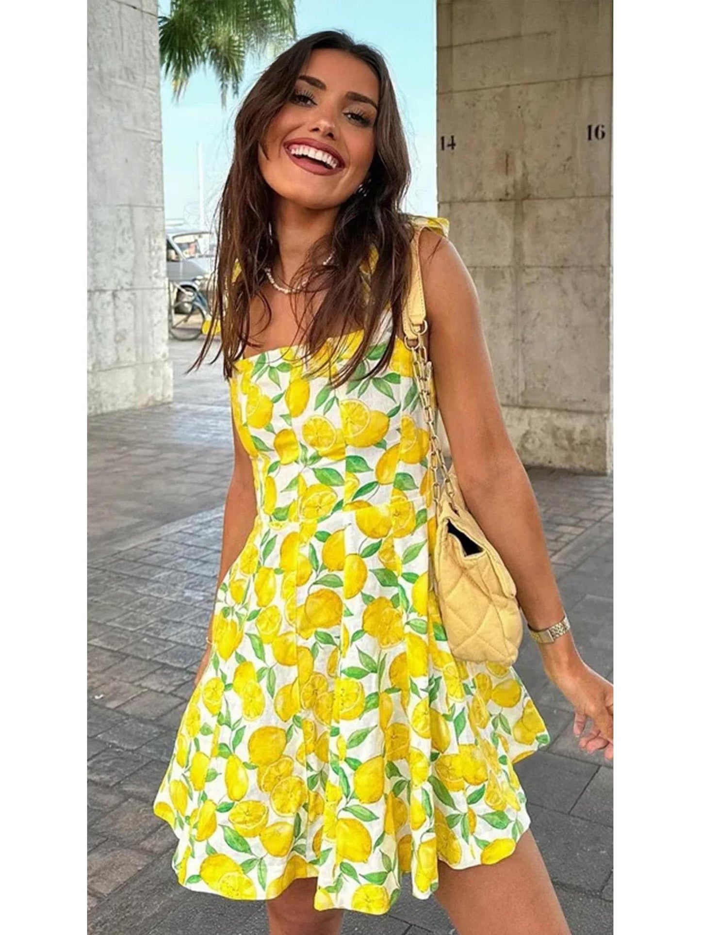 Fruit Print Yellow Pink Mini Dress with Bow Detail