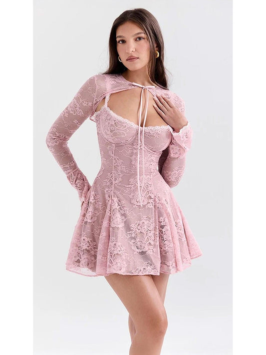 Lace Flare Long Sleeve Mini Dress